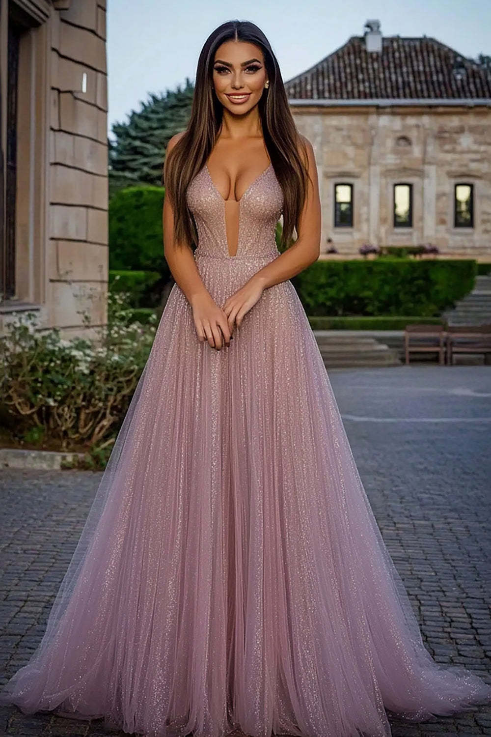 Leely Women Glitter Dusty Rose A Line Tulle Prom Dress V-Neck Pleated Long Formal Dress