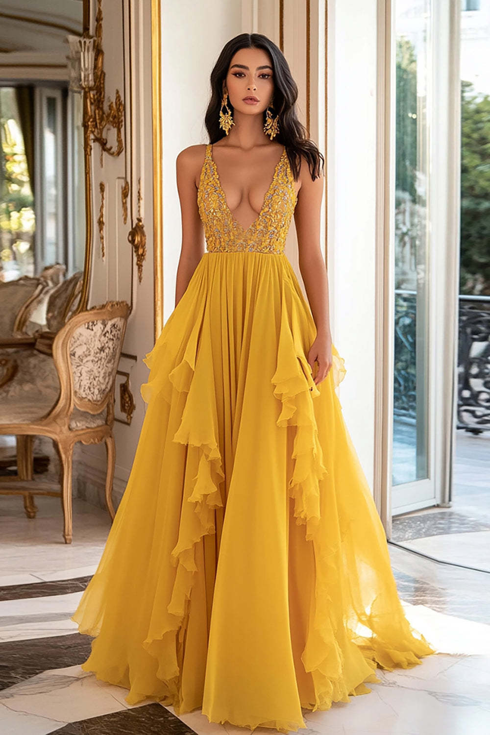 Leely Women Yellow A Line Pleated Prom Dress with Ruffles V-Neck Chiffon Spaghetti Straps Long Formal Dress
