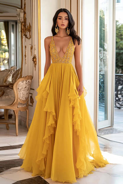 Leely Women Yellow A Line Pleated Prom Dress with Ruffles V-Neck Chiffon Spaghetti Straps Long Formal Dress