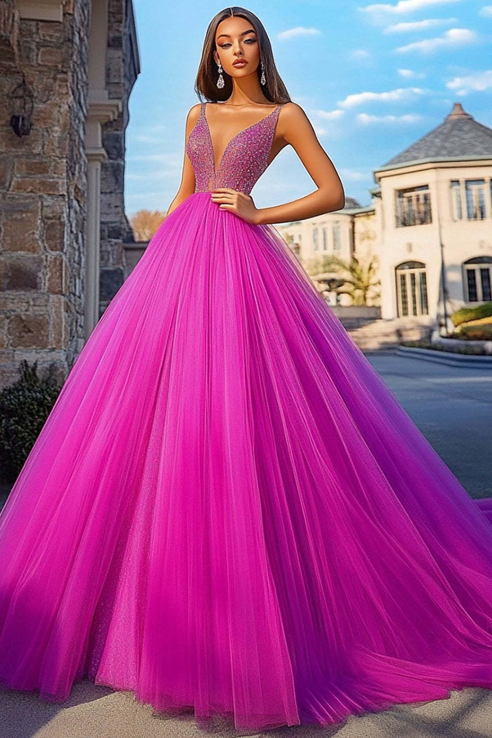 Sparkly Fuchsia Ball Gown V Neck Tulle Long Prom Dress