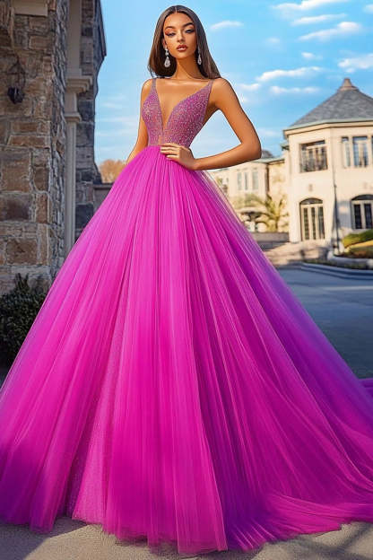 Sparkly Fuchsia Ball Gown V Neck Tulle Long Prom Dress
