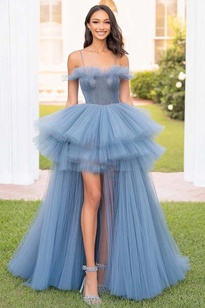 Leely Women Grey Blue Ball Gown Tulle A Line Long Prom Dress with Slit Spaghetti Straps Tiered Long Formal Dress