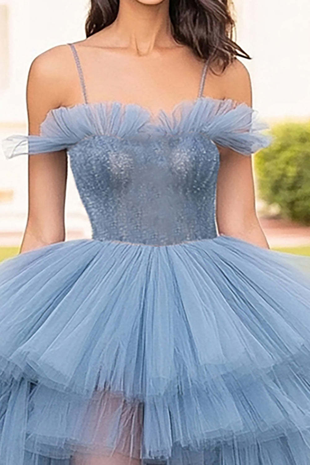 Grey Blue Ball Gown Tulle Spaghetti Straps Tiered Prom Dress with Slit