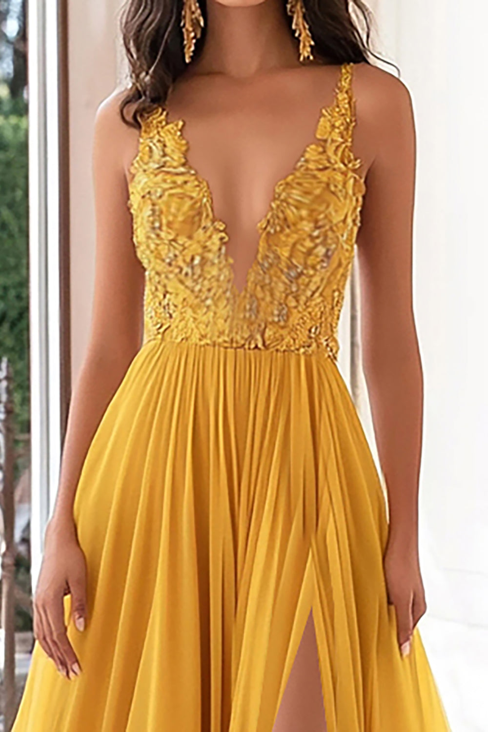 Yellow V-Neck A Line Applique Chiffon Pleated Prom Dress with Slit