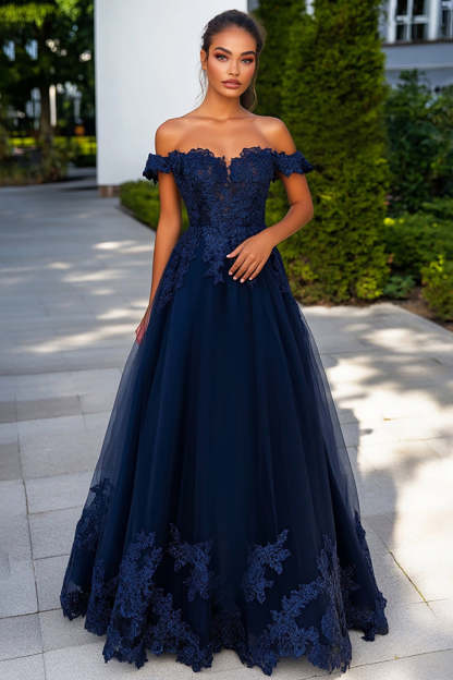 Leely Women Navy Tulle A Line Applique Long Prom Dress Off the Shoulder Floor Length Formal Dress