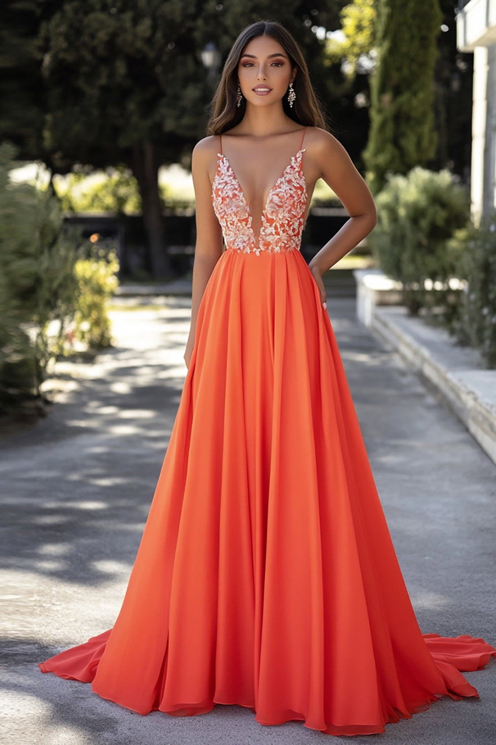 Leely Women Orange V-Neck A Line Chiffon Prom Dress Appliqued Pleated Floor Length Formal Dress