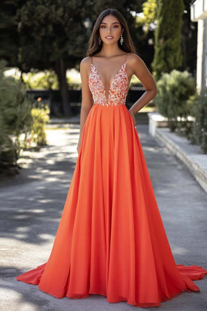 Leely Women Orange V-Neck A Line Chiffon Prom Dress Appliqued Pleated Floor Length Formal Dress