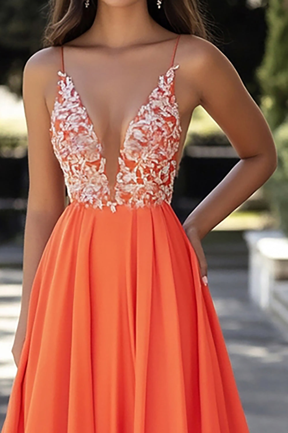 Orange V-Neck A Line Applique Pleated Long Prom Dress