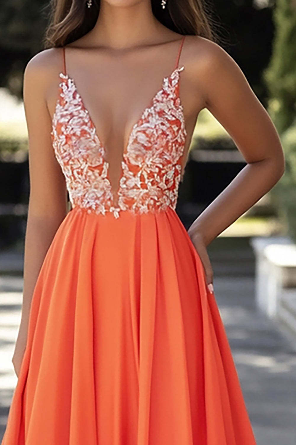 Orange V-Neck A Line Applique Pleated Long Prom Dress