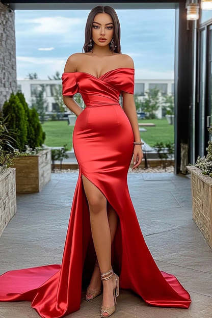 Leely Women Red Mermaid Satin Prom Dress with Slit Off the Shoulder Sweep Train Formal Dress