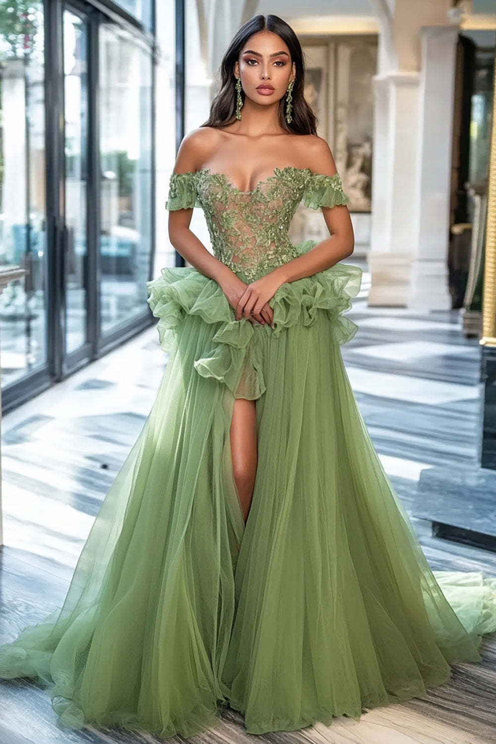 Leely Women Dusty Sage Tulle A Line Prom Dress with Slit Appliques Off the Shoulder Long Formal Dress