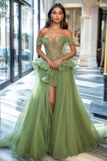 Leely Women Dusty Sage Tulle A Line Prom Dress with Slit Appliques Off the Shoulder Long Formal Dress