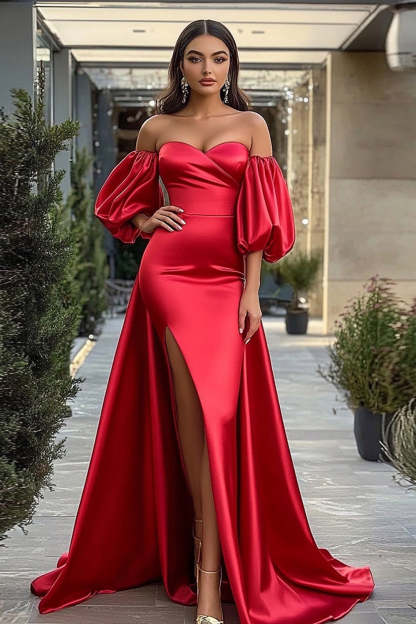 Leely Women Red Sweetheart Long Sheath Satin Prom Dress with Slit Puff Sleeves Off the Shoulder Formal Dress