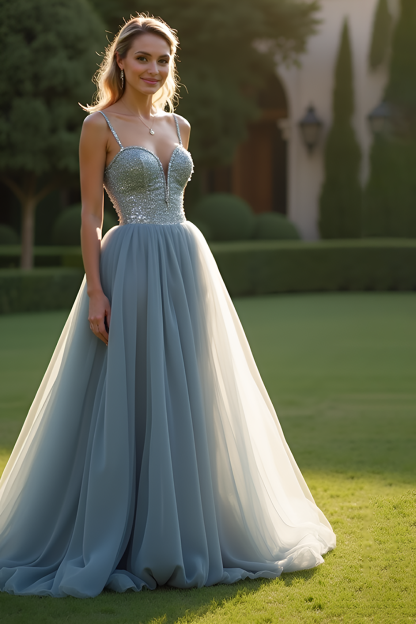Leely Women Sparkly Grey Blue TulleA Line Prom Dress Spaghetti Straps Floor Length Formal Dress