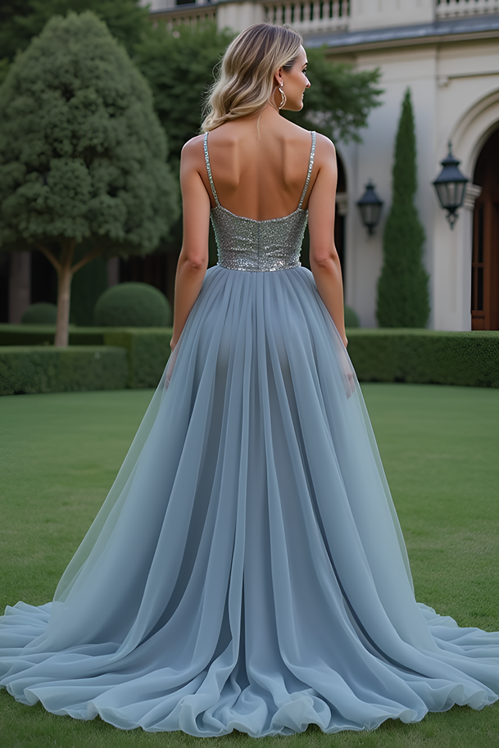 Sparkly Grey Blue Tulle Spaghetti Straps A Line Long Prom Dress