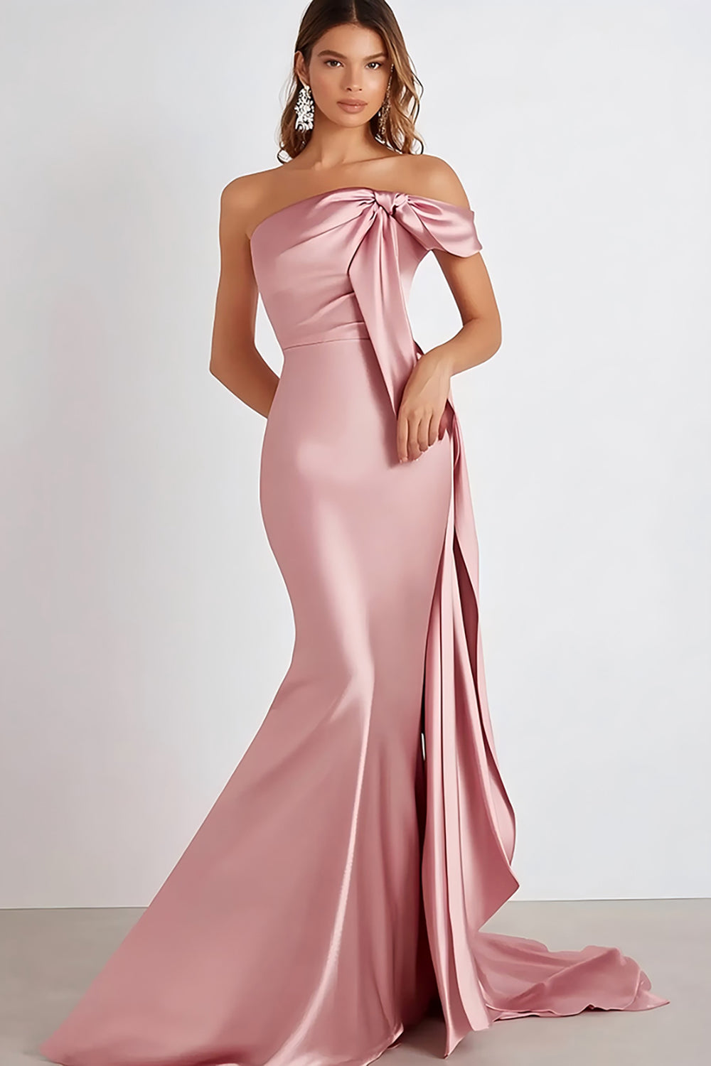 Leely Women Sheath Pink One Shoulder Formal Dress Elegant Streamer Satin Long Prom Dress