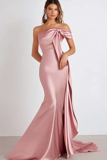 Leely Women Sheath Pink One Shoulder Formal Dress Elegant Streamer Satin Long Prom Dress