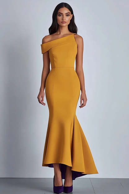 Leely Women Yellow Sheath Satin Formal Dress One Shoulder Long Prom Dress
