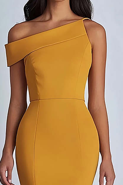 Yellow Satin One Shoulder Sheath Long Formal Dress