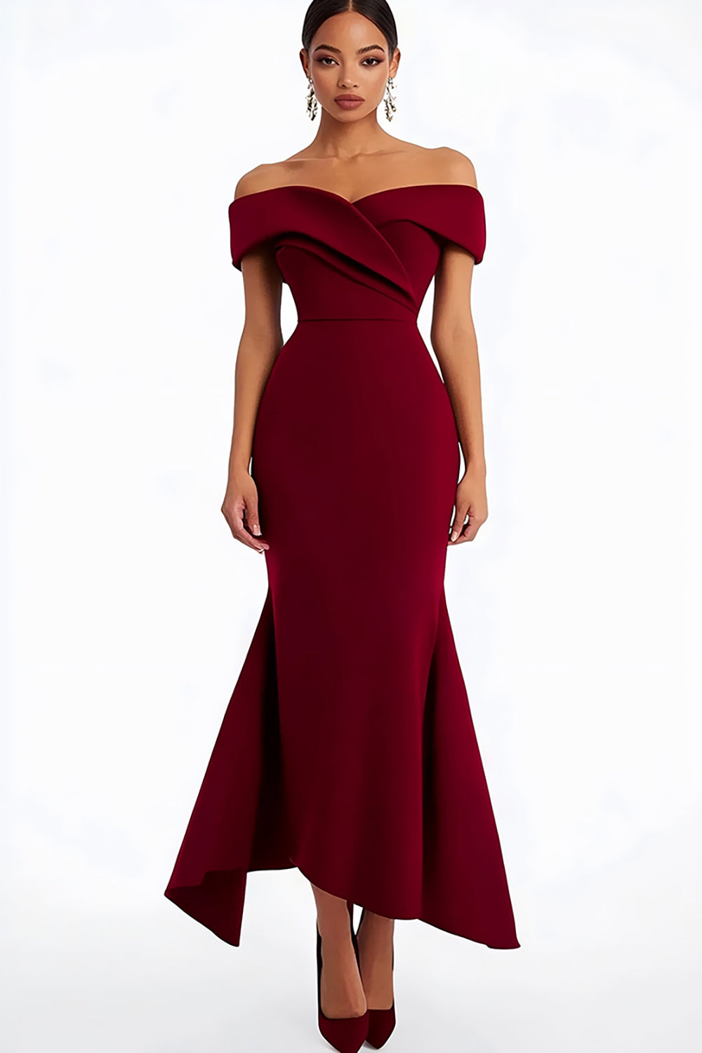 Leely Women Sheath Burgundy Satin Formal Dress Off the Shoulder Tea-Length Wedding Guest Dress