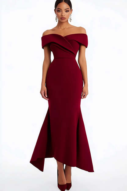 Leely Women Sheath Burgundy Satin Formal Dress Off the Shoulder Tea-Length Wedding Guest Dress