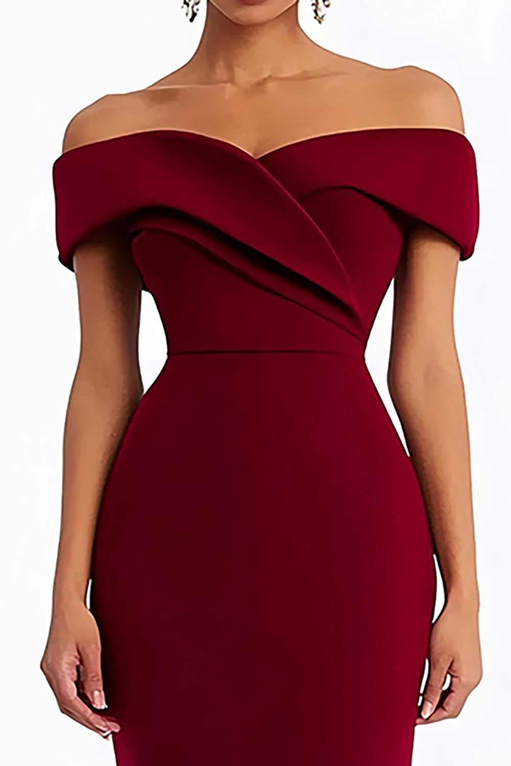 Off the Shoulder Burgundy Sheath Tea-Length Formal Dress