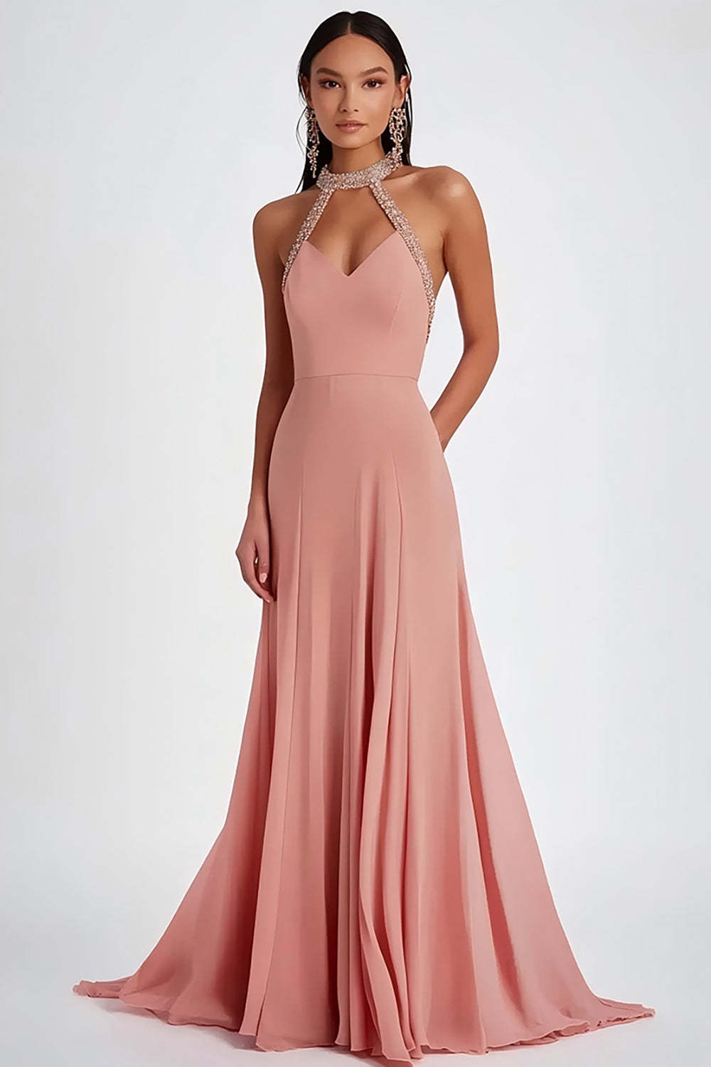 Leely Women Halter Pink A Line Formal Dress Beaded Sleeveless Long Evening Dress