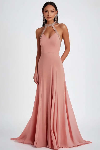 Leely Women Halter Pink A Line Formal Dress Beaded Sleeveless Long Evening Dress