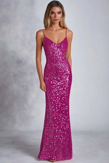 Leely Women Sparkly Sequined Fuchsia Sheath Formal Dress Spaghetti Straps V-Neck Long Evening Dress