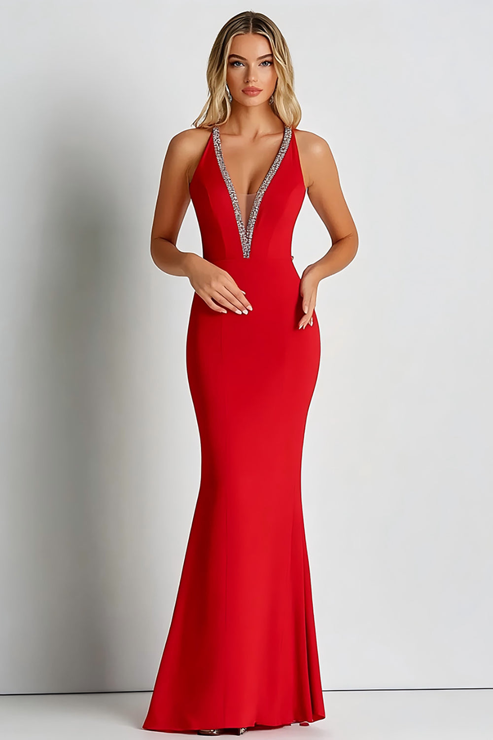 Red Deep V-Neck Sheath Beaded Long Formal Dress