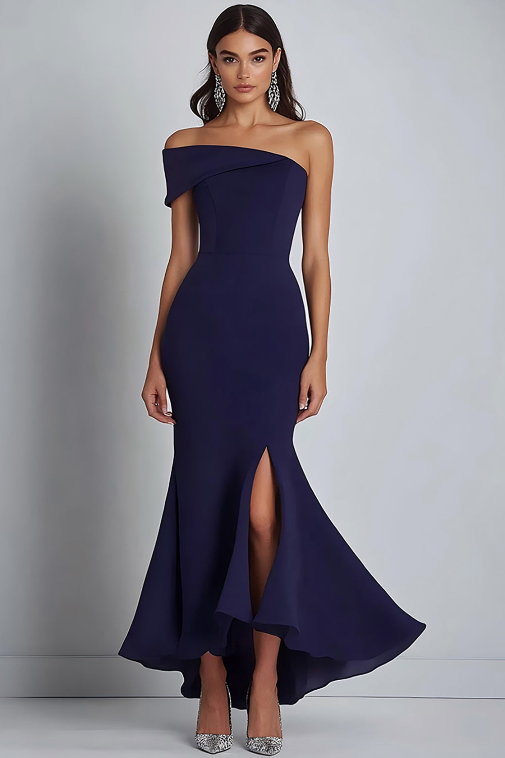 Navy Sheath Off the Shoulder Ruffled Long Formal Dress with Slit