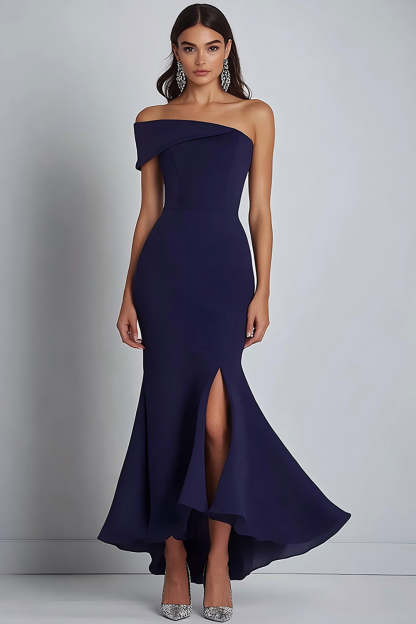 Leely Women Navy Sheath Ruffled Formal Dress with Slit Off the Shoulder Tea-Length Wedding Guest Dress