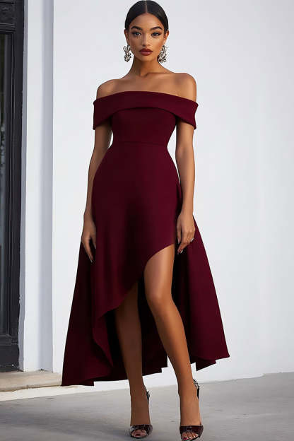 Leely Women A Line Burgundy Asymmetrical Formal Dress Satin Off the Shoulder Petite Wedding Guest Dress