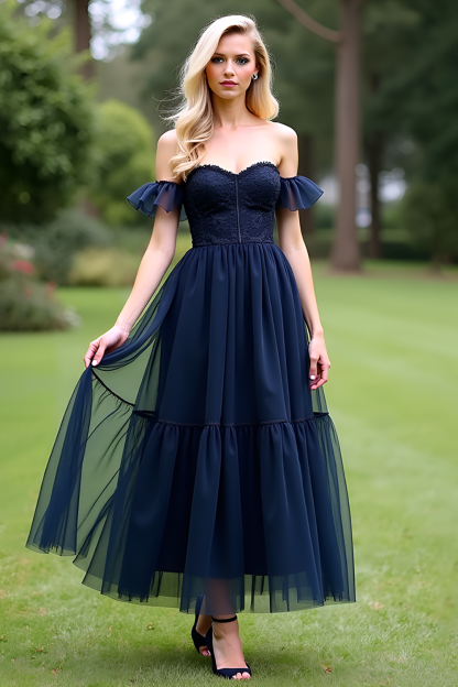 Leely Women A Line Tulle Navy Sweetheart Formal Dress Ruffled Off the Shoulder Long Wedding Guest Dress