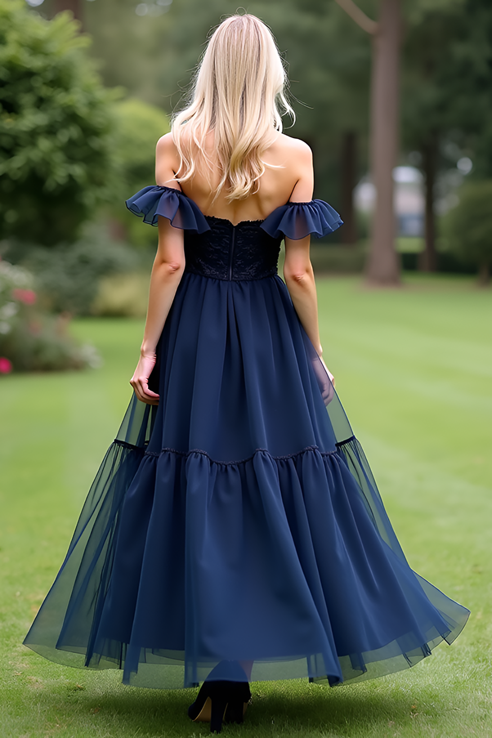 A Line Tulle Navy Sweetheart Formal Dress with Ruffles
