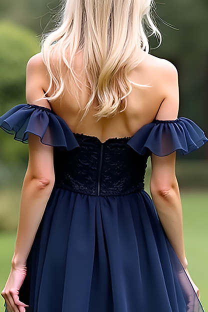 A Line Tulle Navy Sweetheart Formal Dress with Ruffles