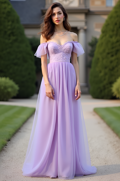 Leely Women Lilac A Line Off the Shoulder Formal Dress with Ruffles Ruched Tulle Long Prom Dress