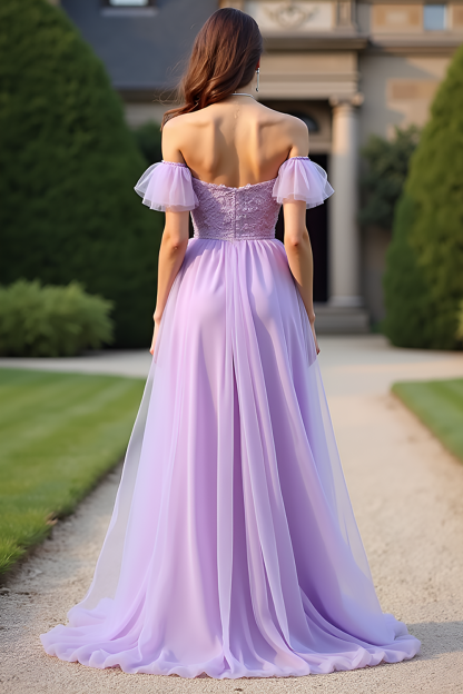 Lilac Off the Shoulder A Line Long Formal Dress with Ruffles
