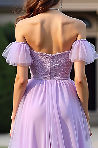 Lilac Off the Shoulder A Line Long Formal Dress with Ruffles