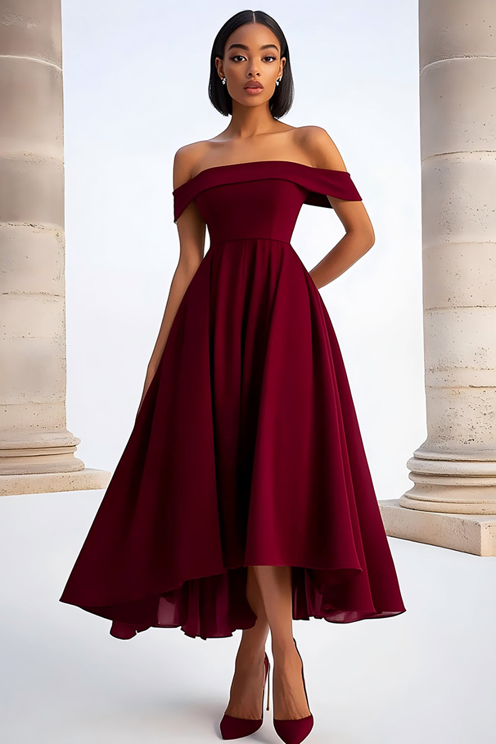 A Line Burgundy Off the Shoulder Tea-Length Formal Dress