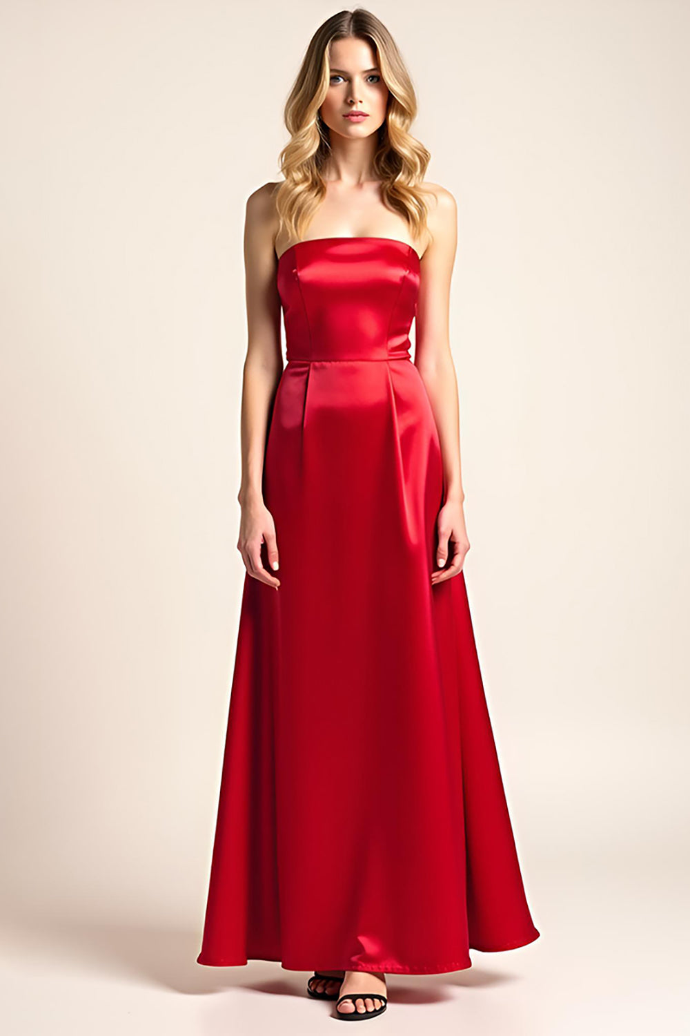A Line Strapless Red Satin Long Formal Dress