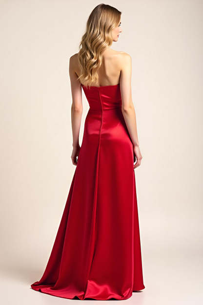 A Line Strapless Red Satin Long Formal Dress