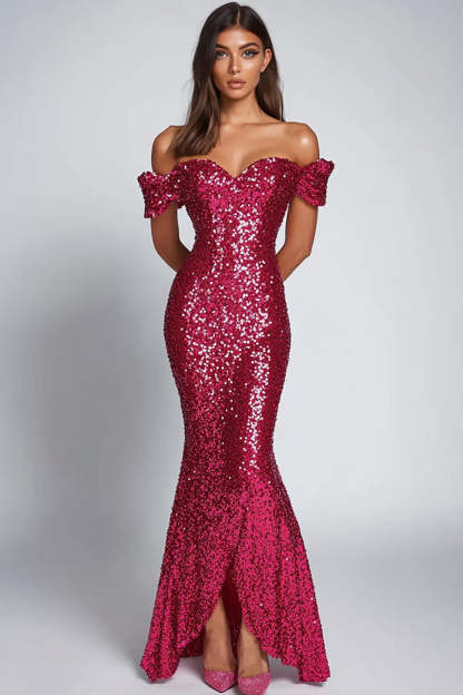 Leely Women Mermaid Fuchsia Sparkly Sequined Formal Dress Off the Shoulder Sweetheart Long Prom Dress