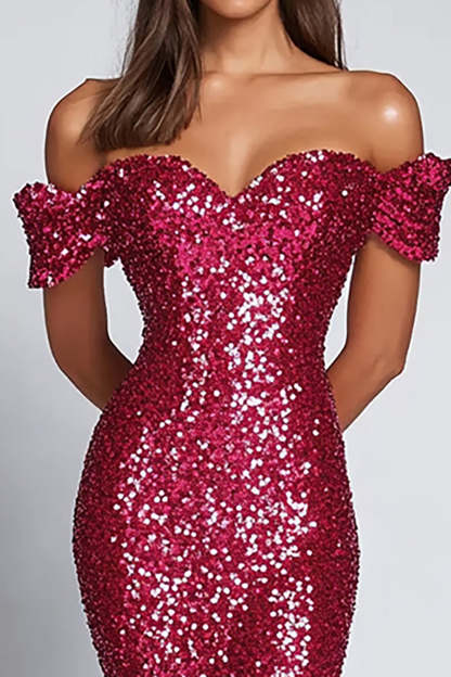 Fuchsia Sparkly Sequined Off the Shoulder Mermaid Formal Dress