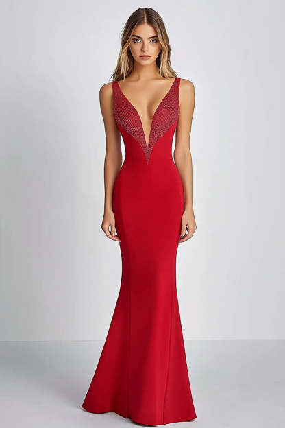 Leely Women Elegant Sheath Beaded Red Formal Dress Deep V-Neck Satin Long Evening Dress