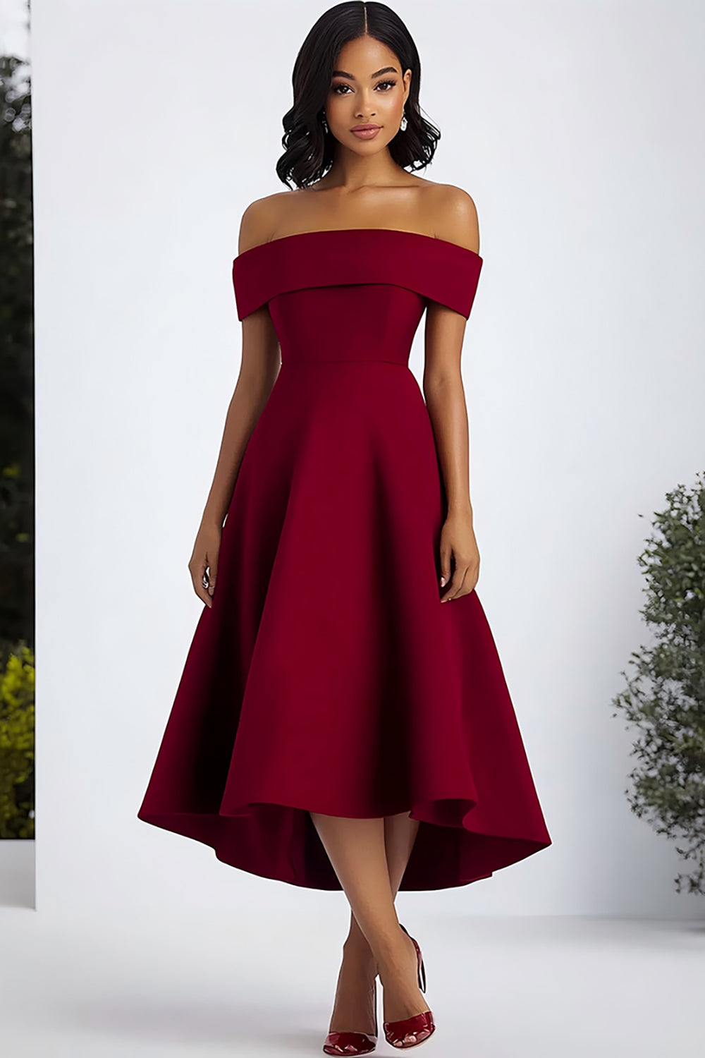 Leely Women Petite A Line Burgundy Formal Dress Off the Shoulder Satin Ruched Tea-Length Wedding Guest Dress
