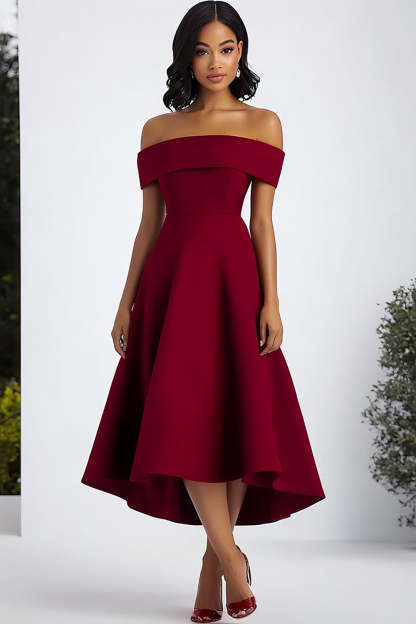 Leely Women Petite A Line Burgundy Formal Dress Off the Shoulder Satin Ruched Tea-Length Wedding Guest Dress