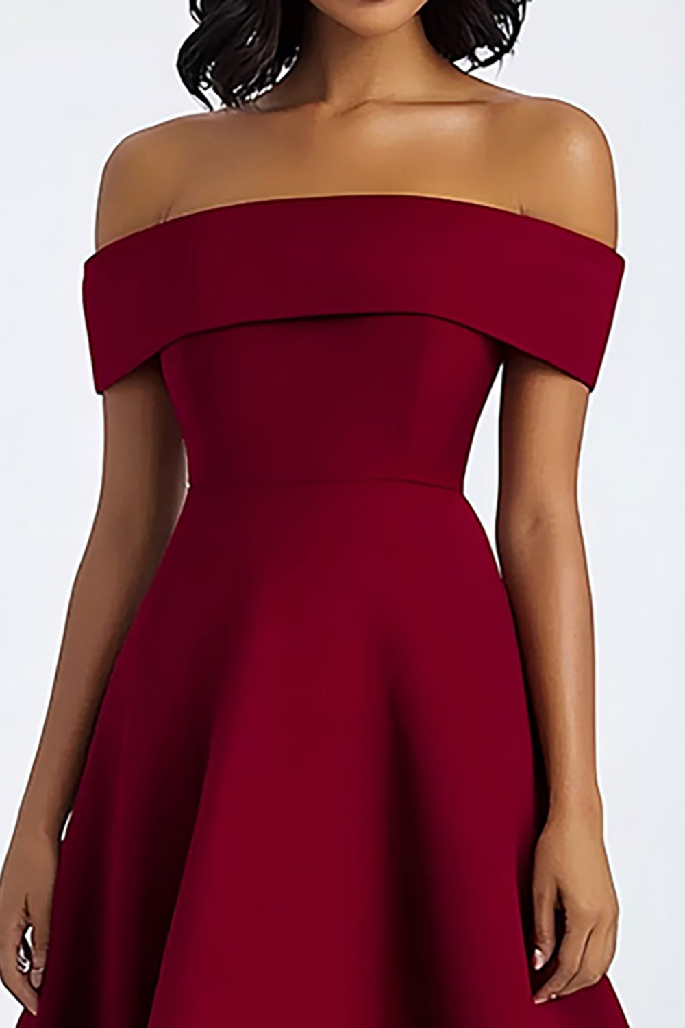 Petite A Line Burgundy Off the Shoulder Formal Dress