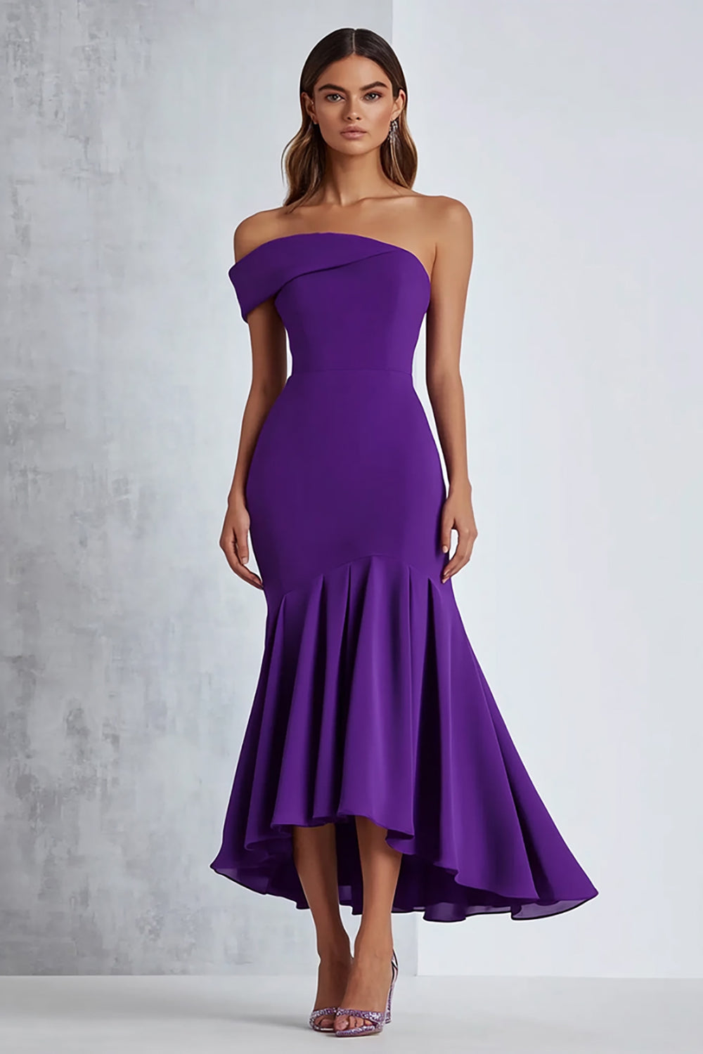 Leely Women Plum Sheath Off the Shoulder Formal Dress with Ruffles Ruched Tea-Length Wedding Guest Dress