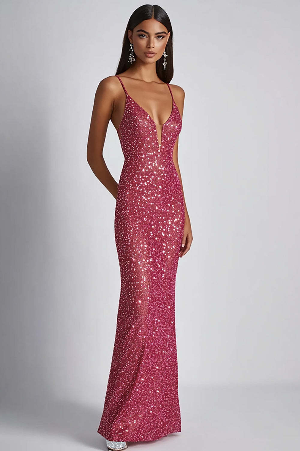 Leely Women Sparkly Fuchsia Sheath Sequined Formal Dress Spaghetti Straps V-Neck Long Evening Dress